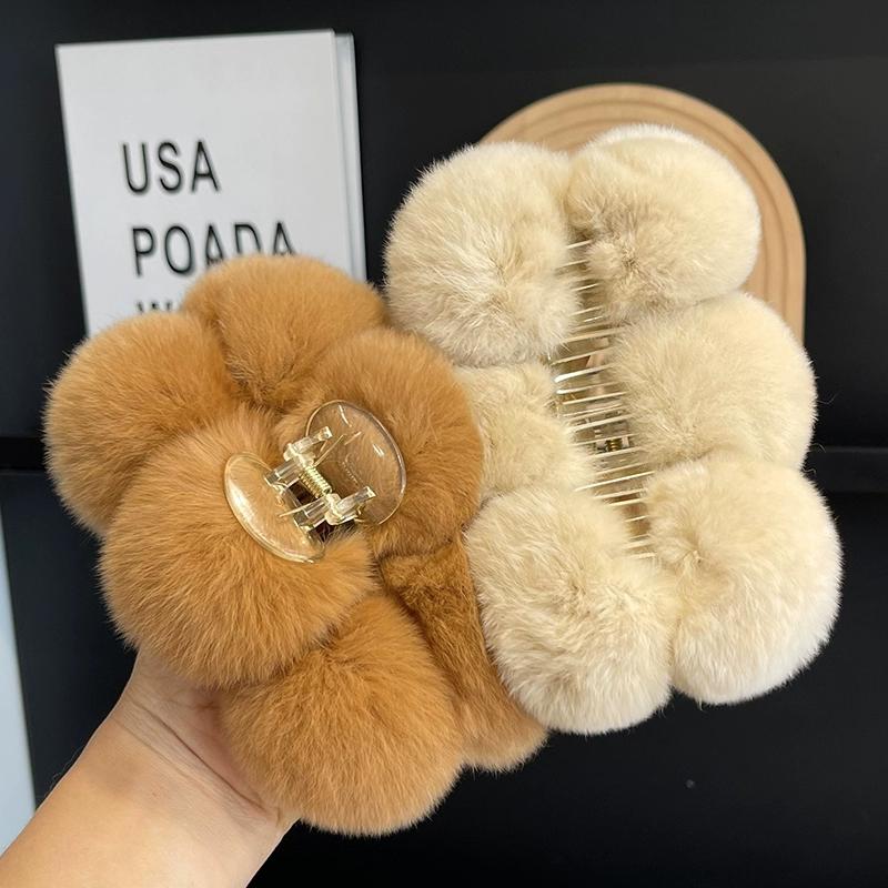 Pinza para el pelo con bola de piel de conejo Rex, pinza para el pelo con agarre de felpa para otoño e invierno, pinza para el pelo con cabeza grande de tiburón, tocado para el pelo de Corea