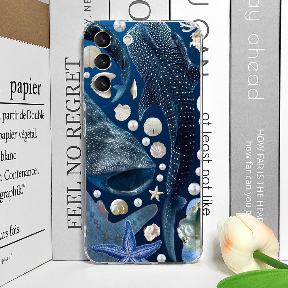 Coque de téléphone souple transparente pour Samsung Galaxy A55 A54 A53 A51 A70 A32 A31 A22 13 A52 5G Animaux de l'océan d'été Requin Dauphin Poisson Housse