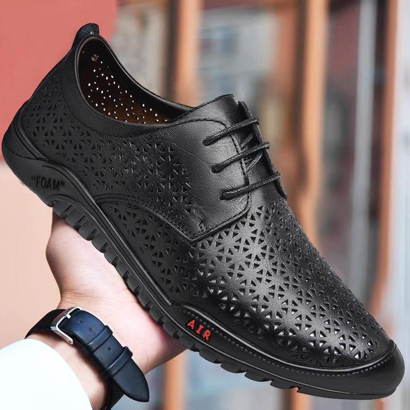 Men's shoes 2025 summer new fashion trend British style driving casual shoes round head lace-up hollow breathable leather shoes