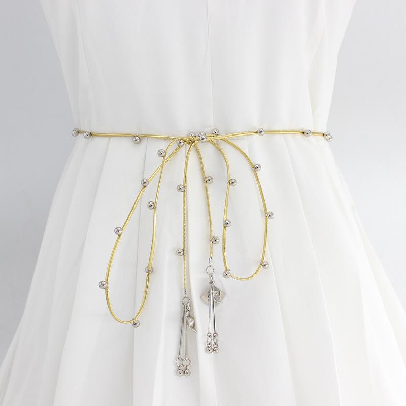 With Skirt Pu Knotted Waist Rope, Women'S Beaded Waist Chain, Dress Decorative Thin Belt.