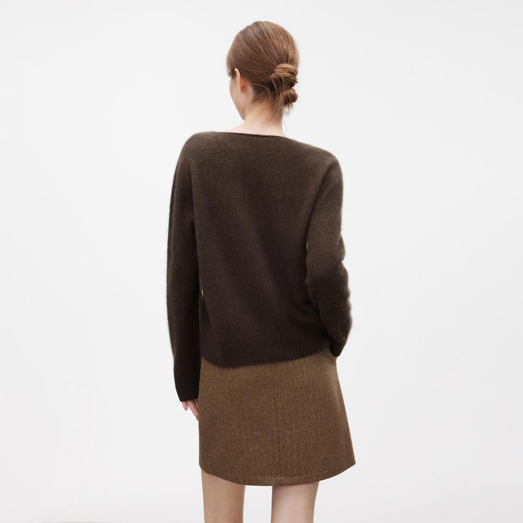 [ELLE] Women's Knit Sweater, V-neck, Wool & Cashmere Blend, Long Sleeves, Relaxed Fit, Elegant, Adult Casual, Brown