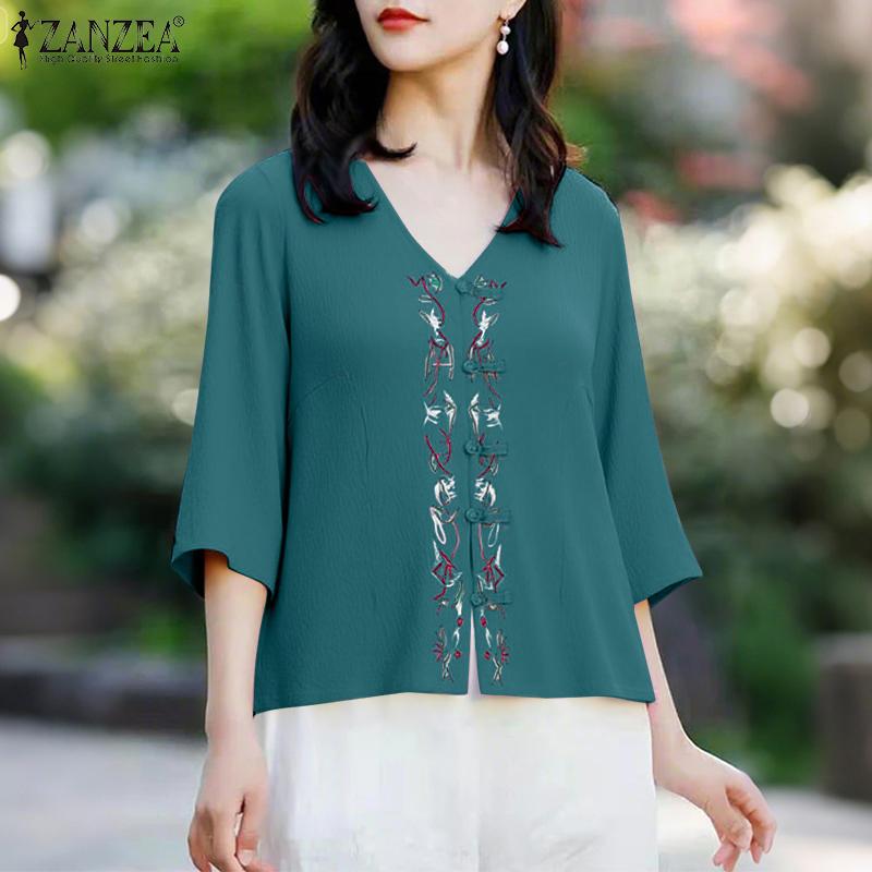ZANZEA Women Summer V-Neck 3/4 Sleeve Casual Embroidery Blouse