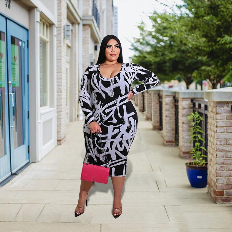 Plus Size Womens Floral Print Dress Long Sleeve Midi Sweet Style Casual Wear