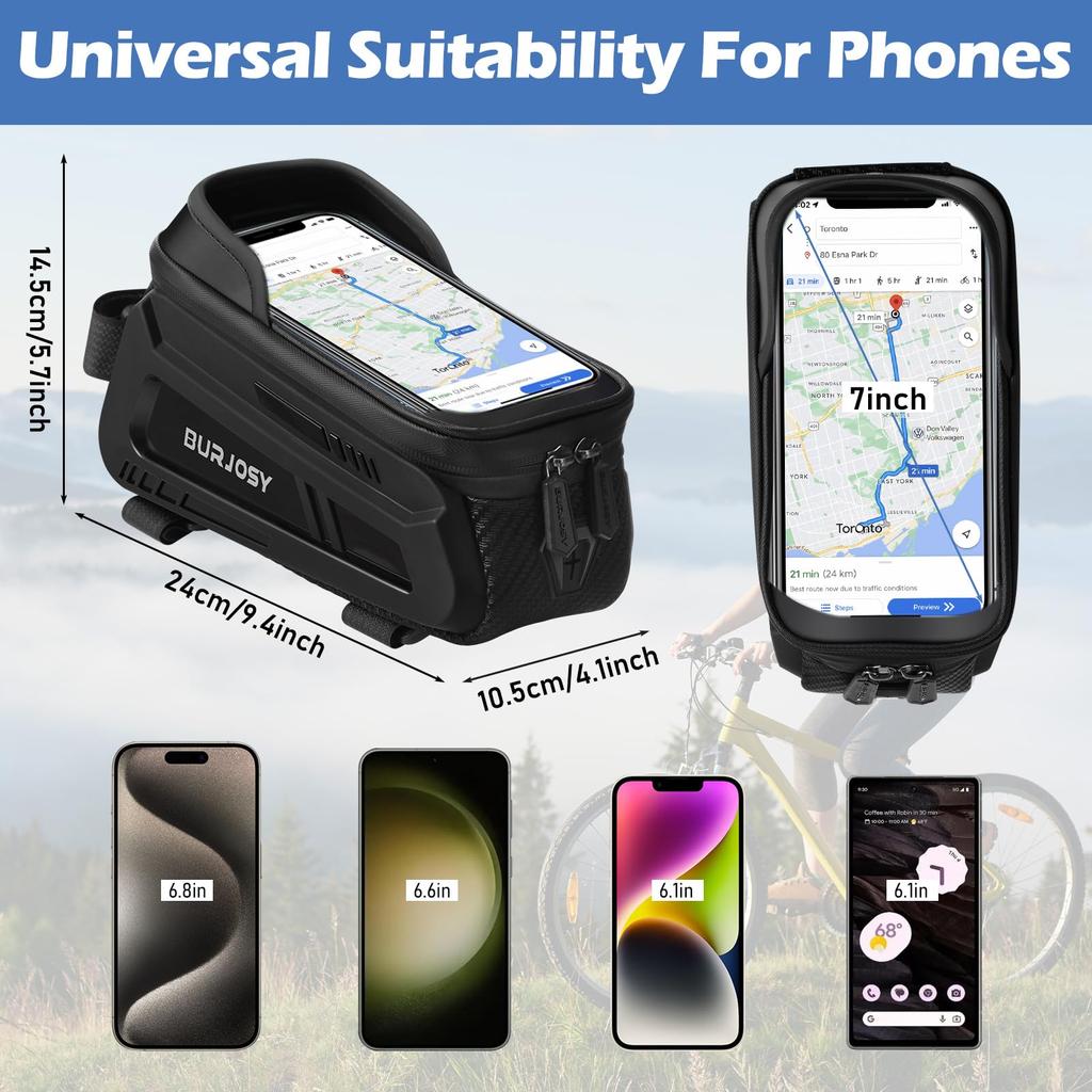 BURJOSY Waterproof Bicycle Bag with TPU Touch Screen Sun Bicycle Smartphone Bicycle Accessory Compatible with Cell Phones Under 7 Inches & Visor,