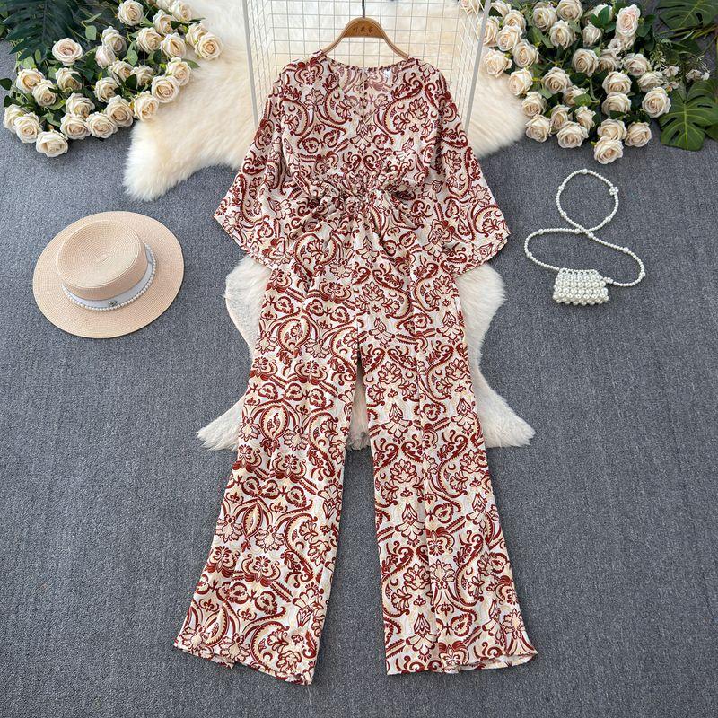 

Sexy V-neck Flared Sleeves Tight Waist Slim Looking Print Jumpsuit Summer Fashion Elegant Wide Leg Pants Jumpsuit for Women Rust red printing on white background One size
