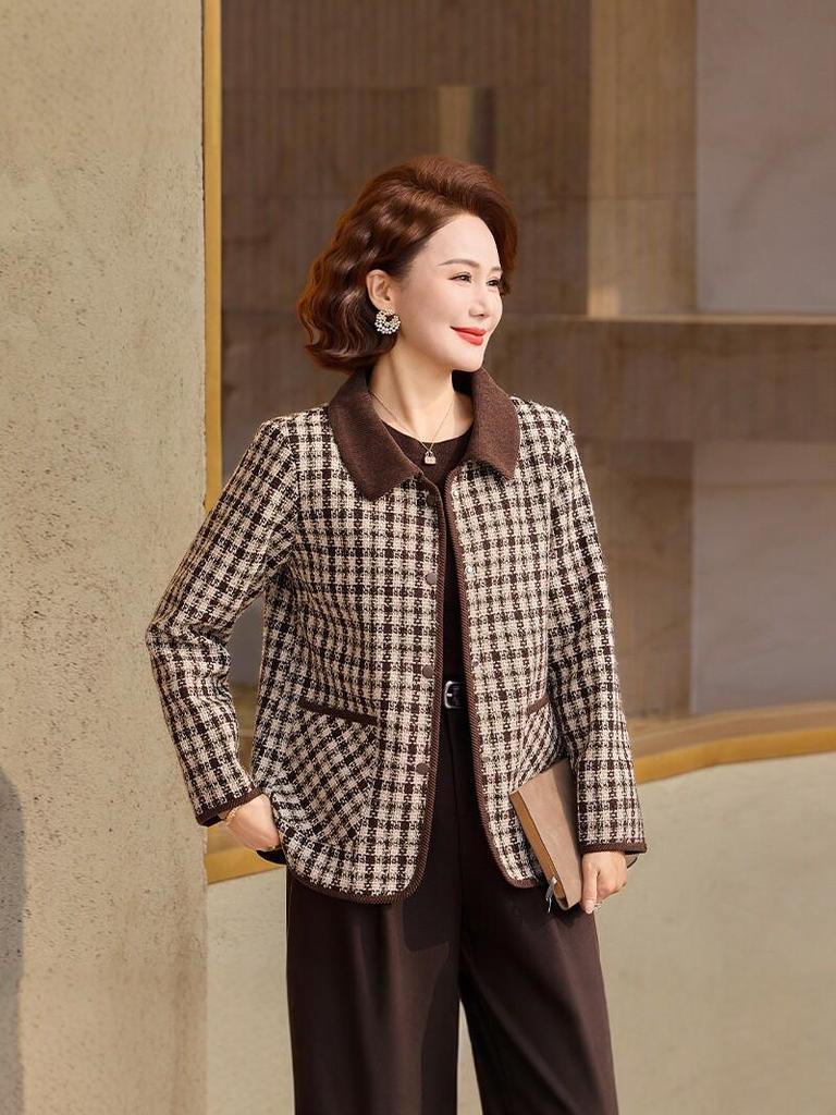 Spring & Autumn Plaid Lapel Jacket for Middle-Aged & Elderly Mothers - Elegant & Stylish 2026