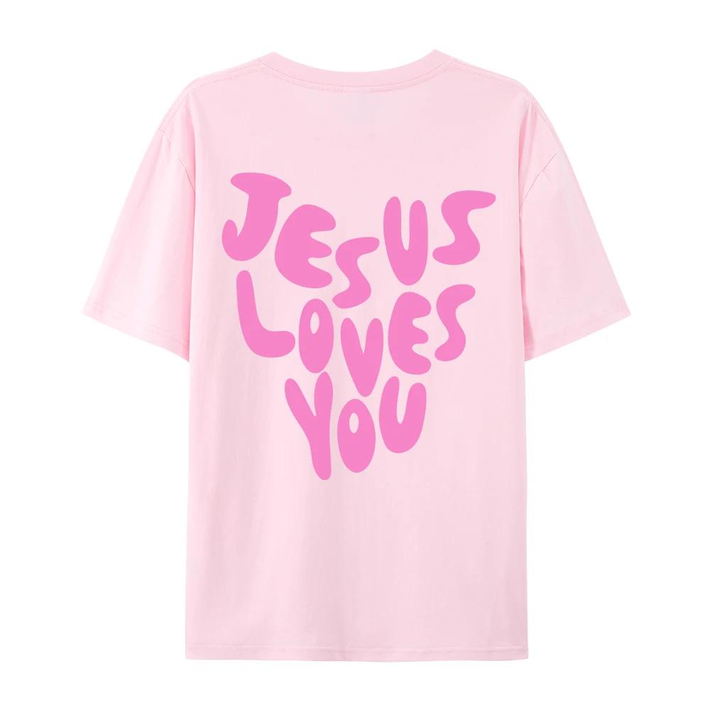 Jesus liebt mich Briefdrucke Damen Baumwoll-T-Shirts Mode O-Ausschnitt Oversize-Oberteile Lässig Locker Weich Kurzarm Damenbekleidung
