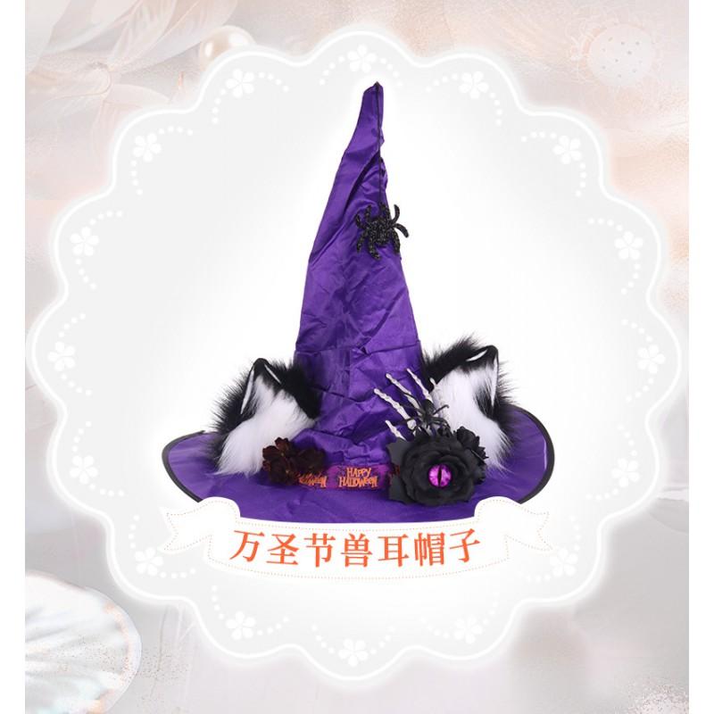 Fluffy Cat Ear Witch Hat With Spider Rose Embellishments Halloween Cosplay Costume Accessory