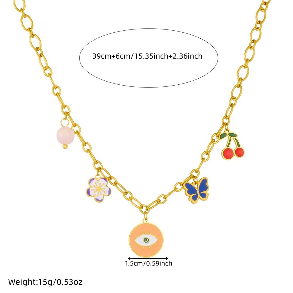 316L Stainless Steel Personalized Eye Colorful Flower Butterfly Cherry Pendant Necklace Women Waterproof Jewelry Gift