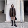 Women Black Brown Soft PU Blazer Shoulder Pads Long Sleeve Single Breasted Loose Casual Jacket Tops Korean Fashion Coat