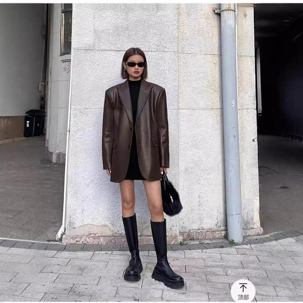 Women Black Brown Soft PU Blazer Shoulder Pads Long Sleeve Single Breasted Loose Casual Jacket Tops Korean Fashion Coat