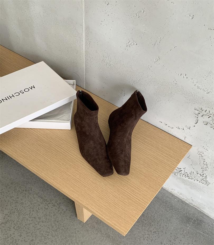 Pointed Thick Heel Burgundy Thin Boots Women's Shoes 2025 New Spring and Autumn Single Boots Retro Suede Korean Small Short Boots