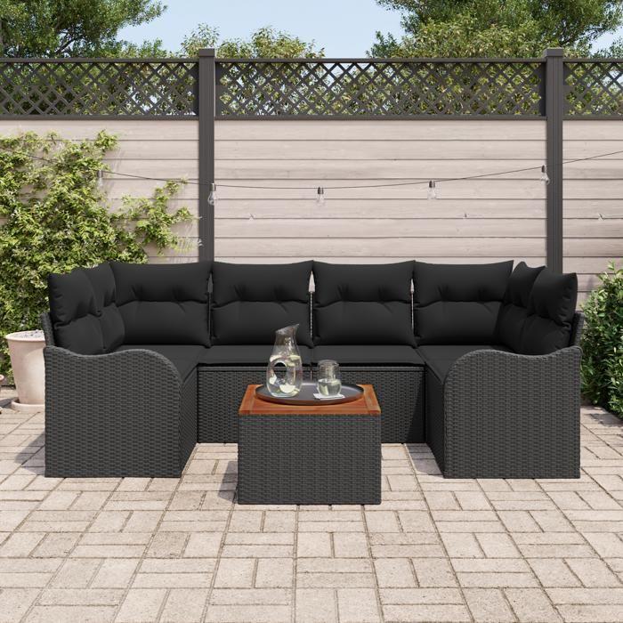 vidaXL 7-piece Garden Sofa Set with Cushions Black Poly Rattan Acacia, vidaXL 2-seater Garden Sofa 3347408