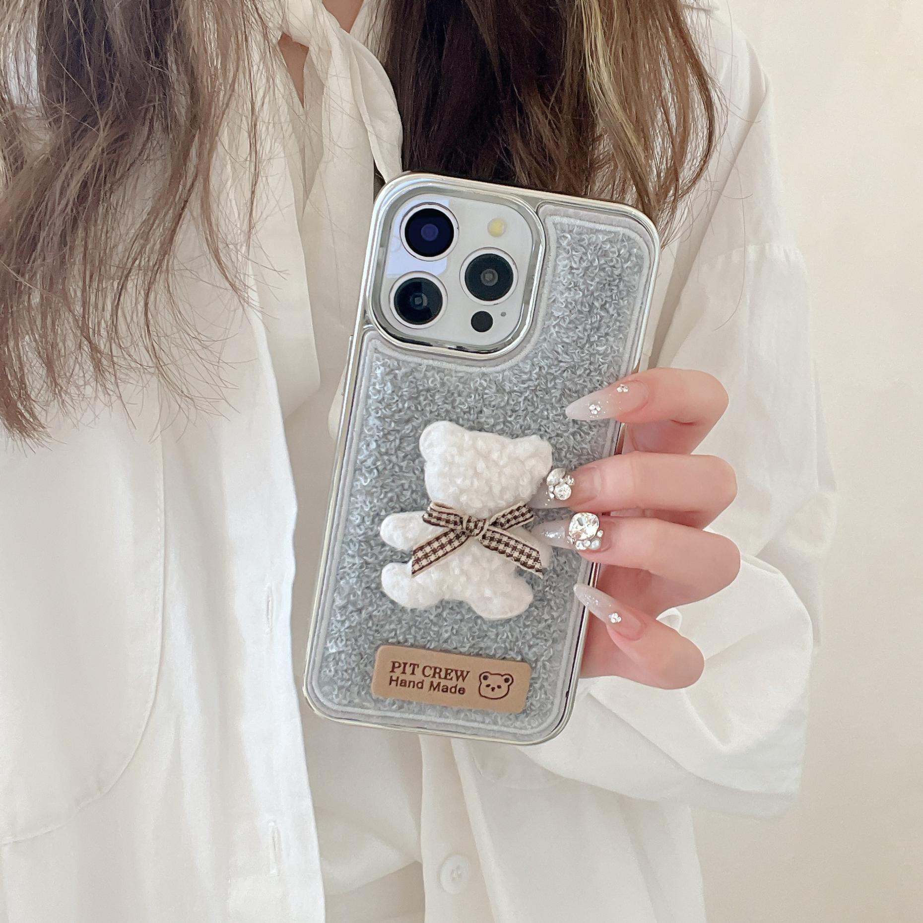 

Для чохла iPhone 15 Pro Max Милий 3D Ведмедик Текстура Рушникового Фетру ТПУ Гальванічне Покриття Чохол для Телефону White