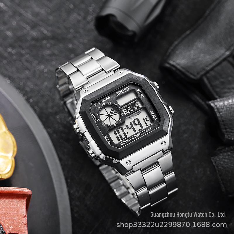 Men's Fashion LED Luminous Steel Band Square Electronic Watch