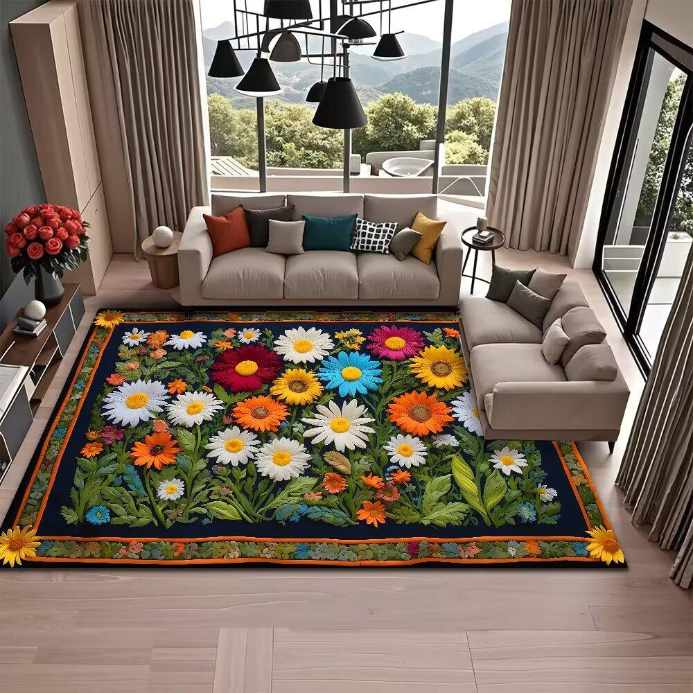 American Style Retro Flower Living Room Carpet Sunflower Decoration Coffee Tables Fluffy Rugs Dining Room Aesthetic Floor Mat