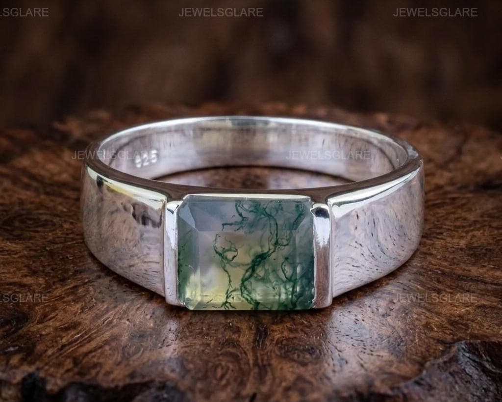 Natural Moss Agate Signet Ring, Sterling