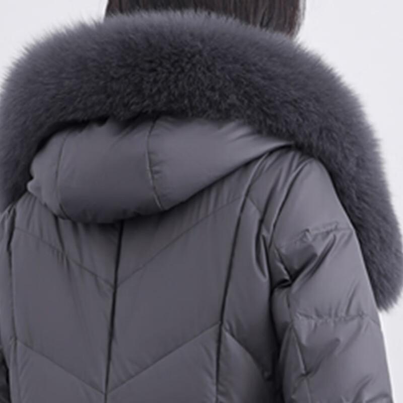 Dámská dlouhá péřová bunda s kapucí a límcem z liščí kožešiny