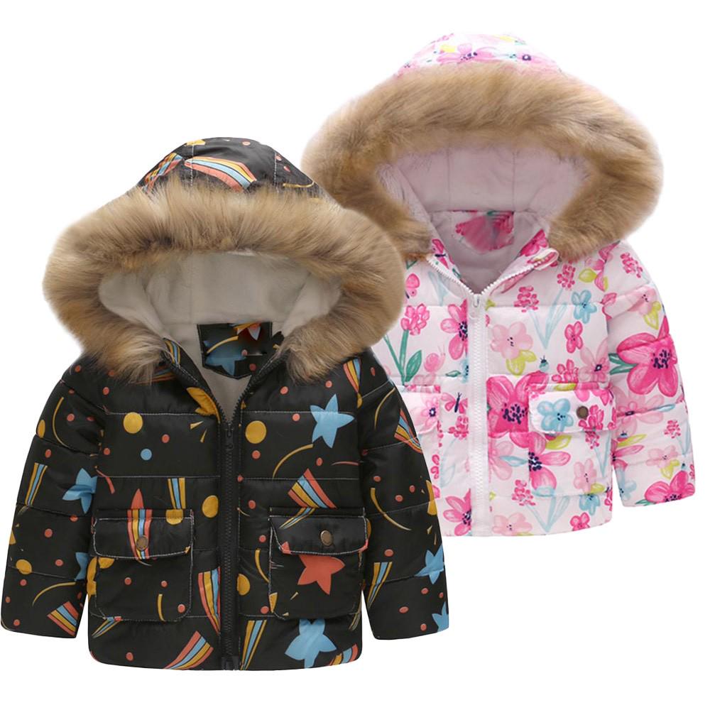 Toddler Baby Girl Boy Floral Print Winter Warm Jacket Hooded Windproof Coat