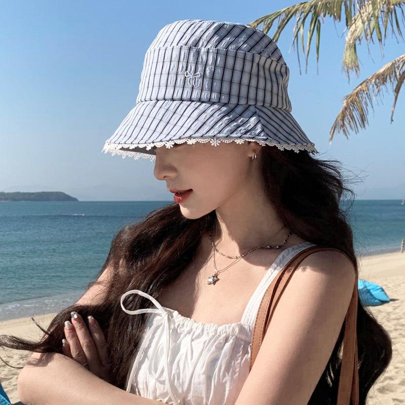 Wenling, Taizhou summer outdoor fashion fisherman hat women's plaid sunshade basin hat showing small face breathable sunscreen hat