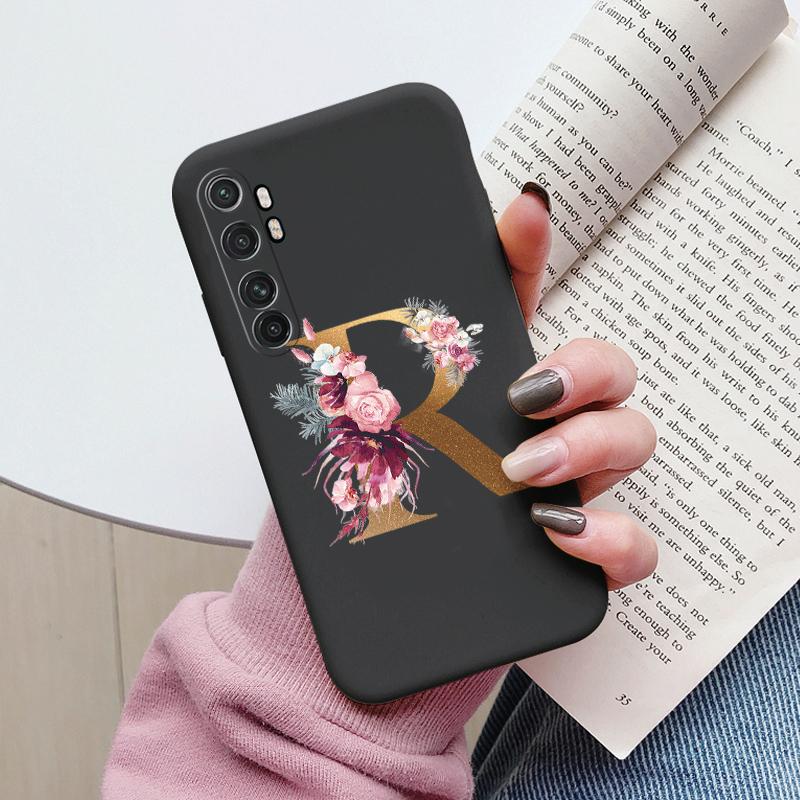 Letter Case For Xiaomi Mi Note 10 Lite Back Cover Retro Flowers Pink Black Soft TPU Initial Fundas For Xiaomi Note10 Lite Coque