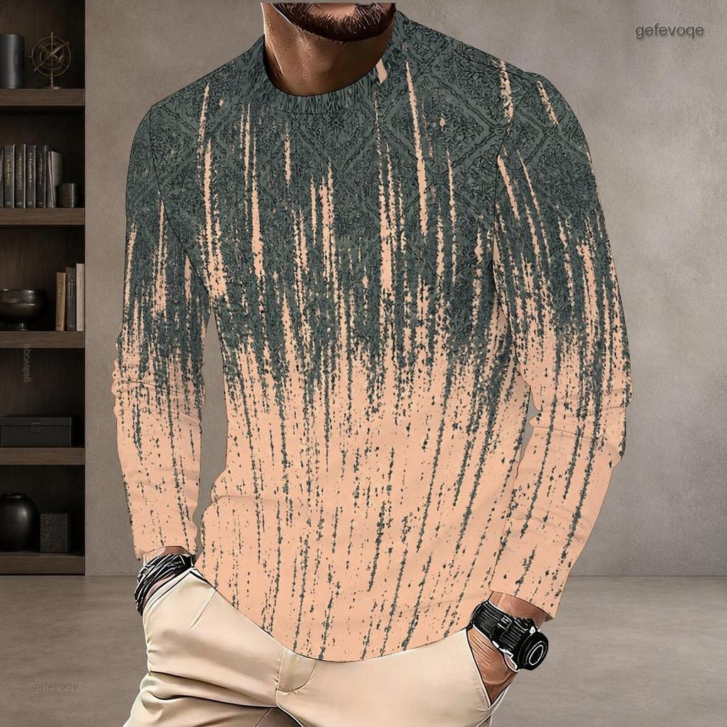 Men Plus Size Round Neck Long Sleeve Printed Gradient Striped Pullover T Shirt Straight Hem