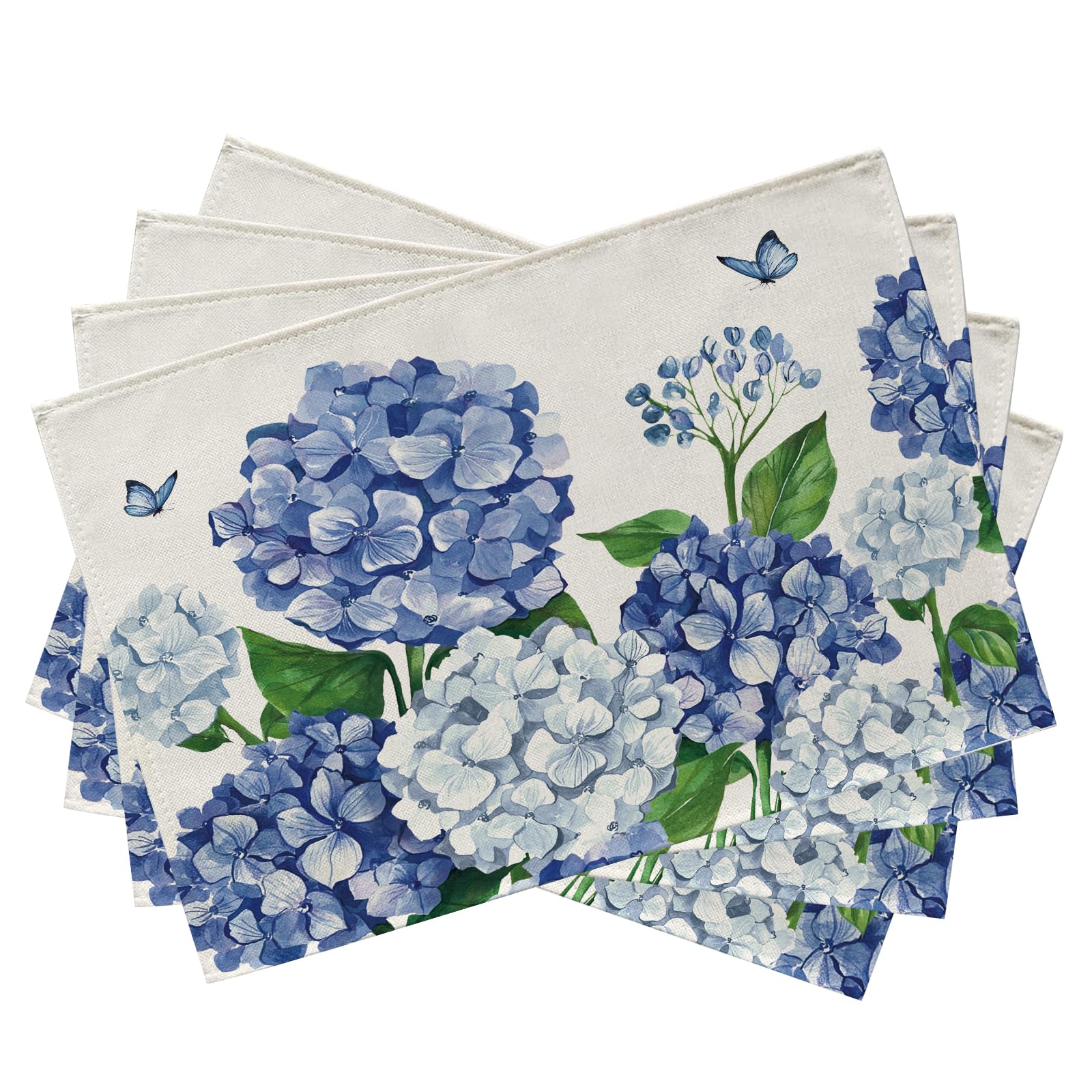 

Hydrangea Flower Placemats Set of 4, Spring Summer Blue Floral Butterfly Dining Table Place Mats, Plants Botanical Kitchen Decor Home Decoratio 4Pcs-12 X18