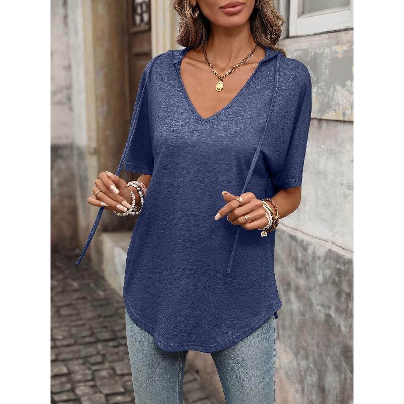 2026 Spring/Summer New Solid Color V-Neck Drawstring Hooded T-Shirt for Women Casual Short Sleeve