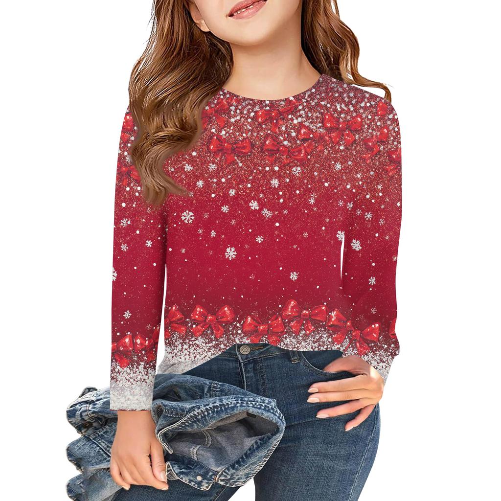 Christmas Day Girls Long Sleeve T Shirts Kids Fall Tops Crewneck Printed Basic Tees