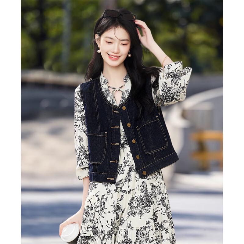 

Женский ретро джинсовый жилет Шанцзин с контрастной строчкой M