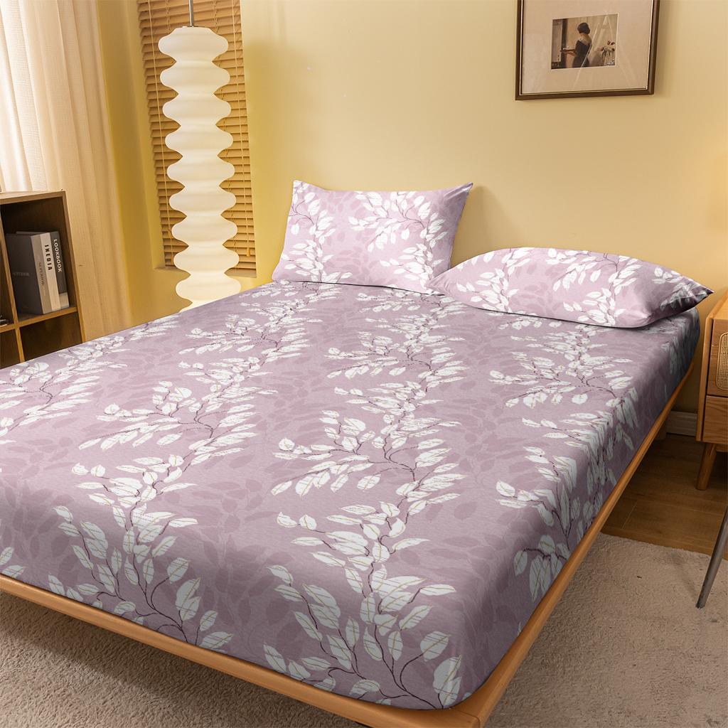 1 Simple Modern Plant Flower Leaf Printed Matte Fitted Sheet, Bedroom Printed Bed Cover, Bedding (Excluding Pillowcases)
