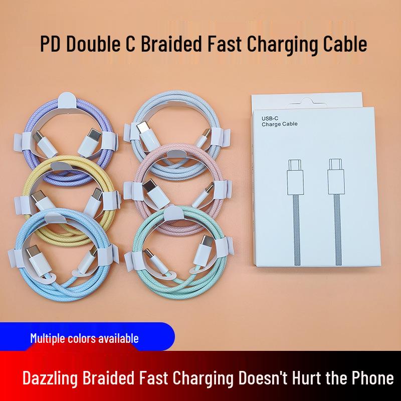 Dual-Head Type-C Male-to-Male Braided Laptop Charging Cable: 15W True PD Fast Charging Compatible.