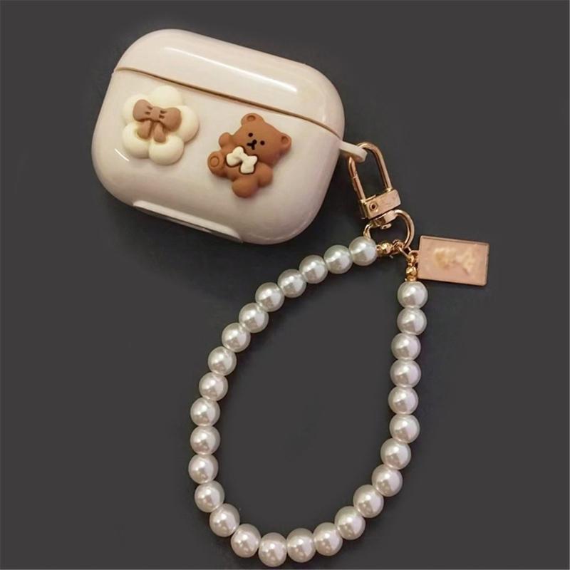 Shockproof Silicone Case With Detachable Pearls Chain for 3 Wireless Earbuds Cute 3D Bears Design
