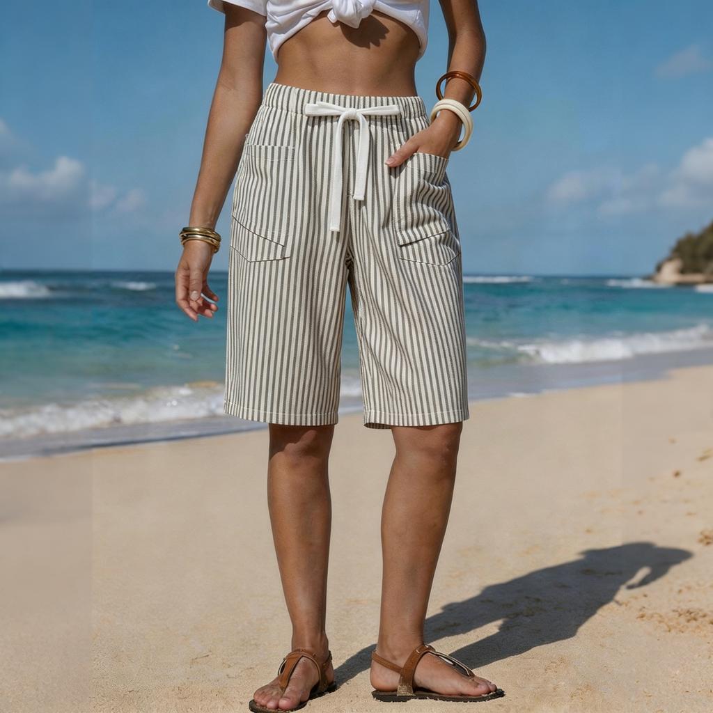 Women's Casual Summer Vacation Striped Shorts Elastic Waistband with Drawstring Pockets Loose Fit Comfortable Beachwear