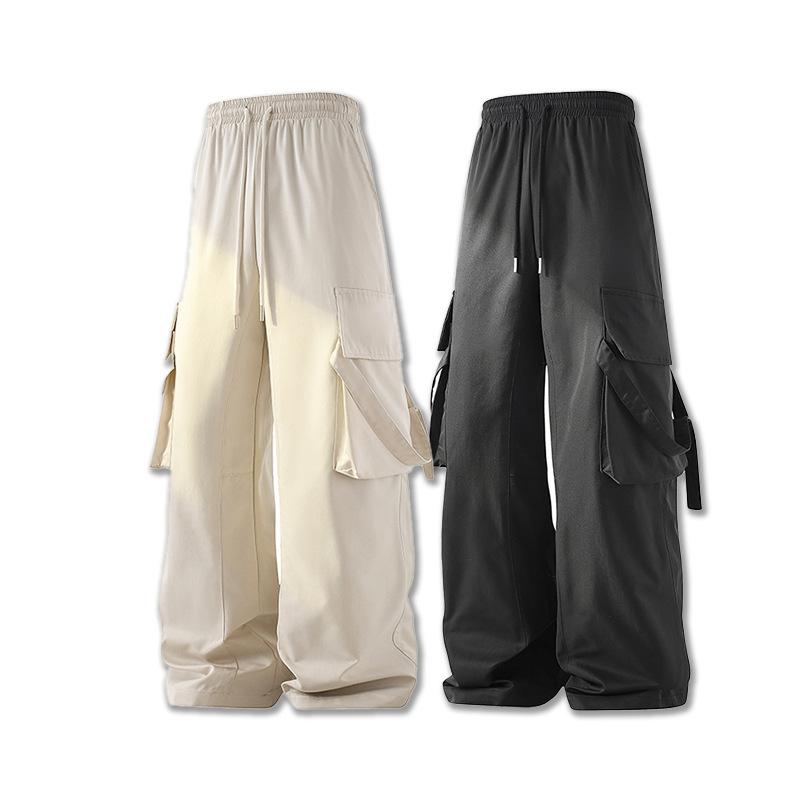 Mens Drawstring Waist Wide Leg Cargo Pants Casual Trousers
