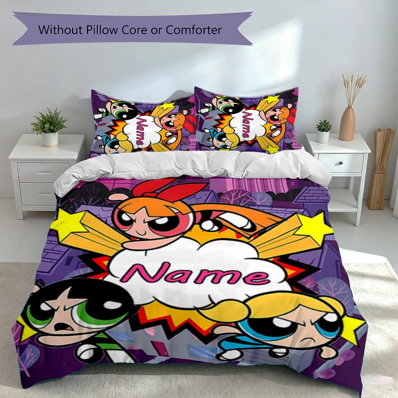 3pcs Custom Name The Powerpuff Girls Bedding Set,Includes 1 Duvet Cover and 2 Pillowcases,All-season Bedroom Decor