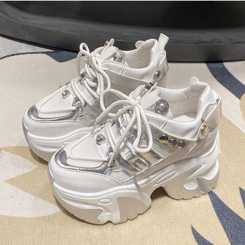 10CM Spring Women Chunky Sneakers Heels Lace-up High Platform Sports Shoes Woman Breathable Mesh Shoes Leather Sneakers