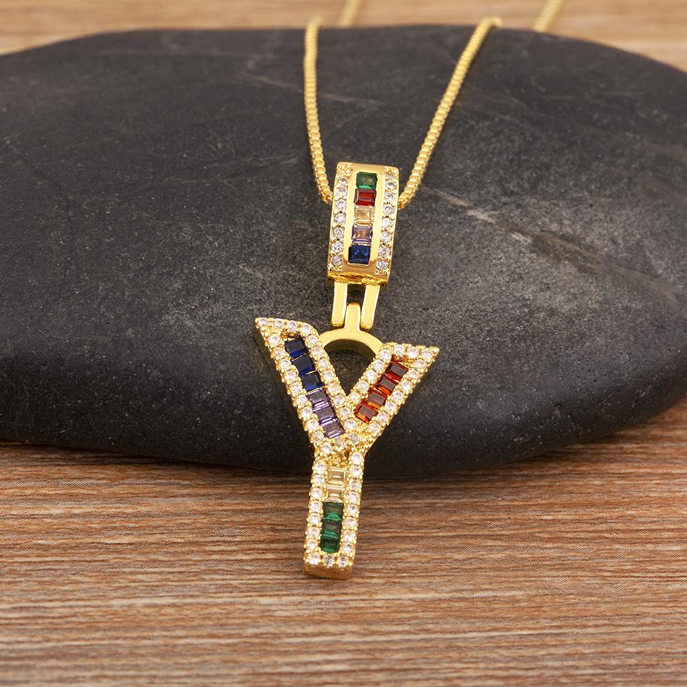 Nidin Simple Fashion 26 A-Z Letters Alphabet Rainbow Cubic Zirconia Pendant Necklace For Women Men Hip-Hop Style Copper Jewelry