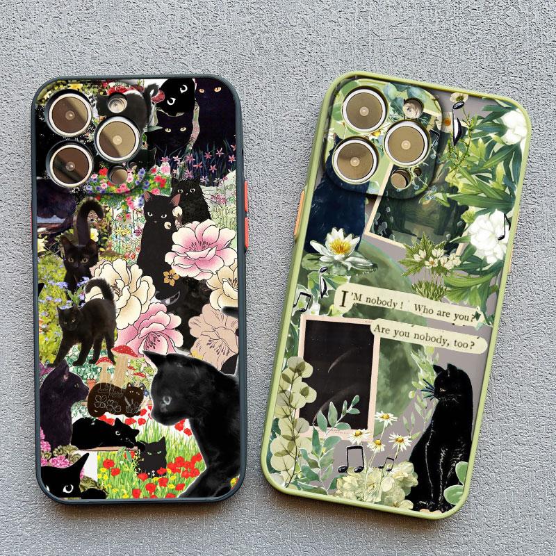 Retro Black Cat White Kitten Illustration Phone Case For iPhone 17 16 15 14 13 11 12 Pro Max Mini 15 16 Plus Case Cute Cartoon