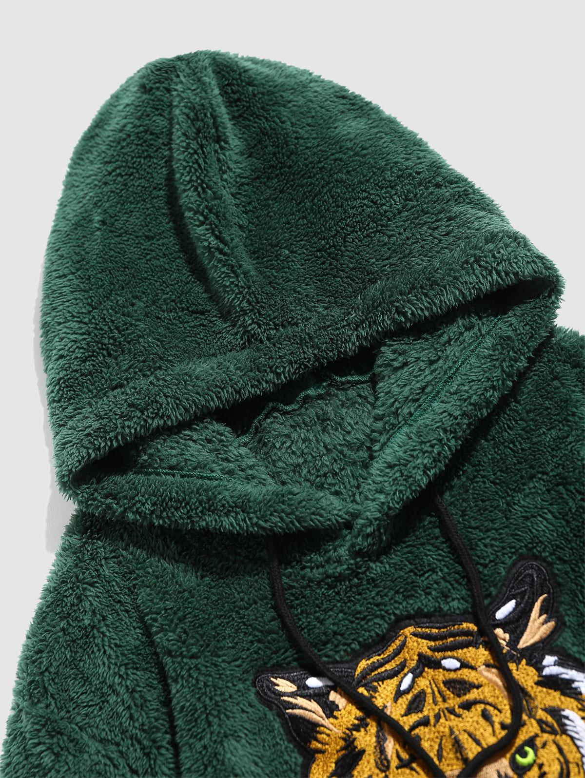 ZAFUL пушистая толстовка с капюшоном и вышитым карманом в виде тигра M глубокий/зелёный — фото 5