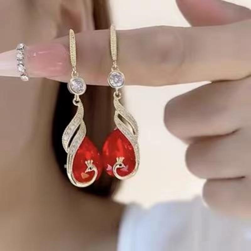 Elegant Red Crystal Phoenix Earrings - Internet Celebrity Style