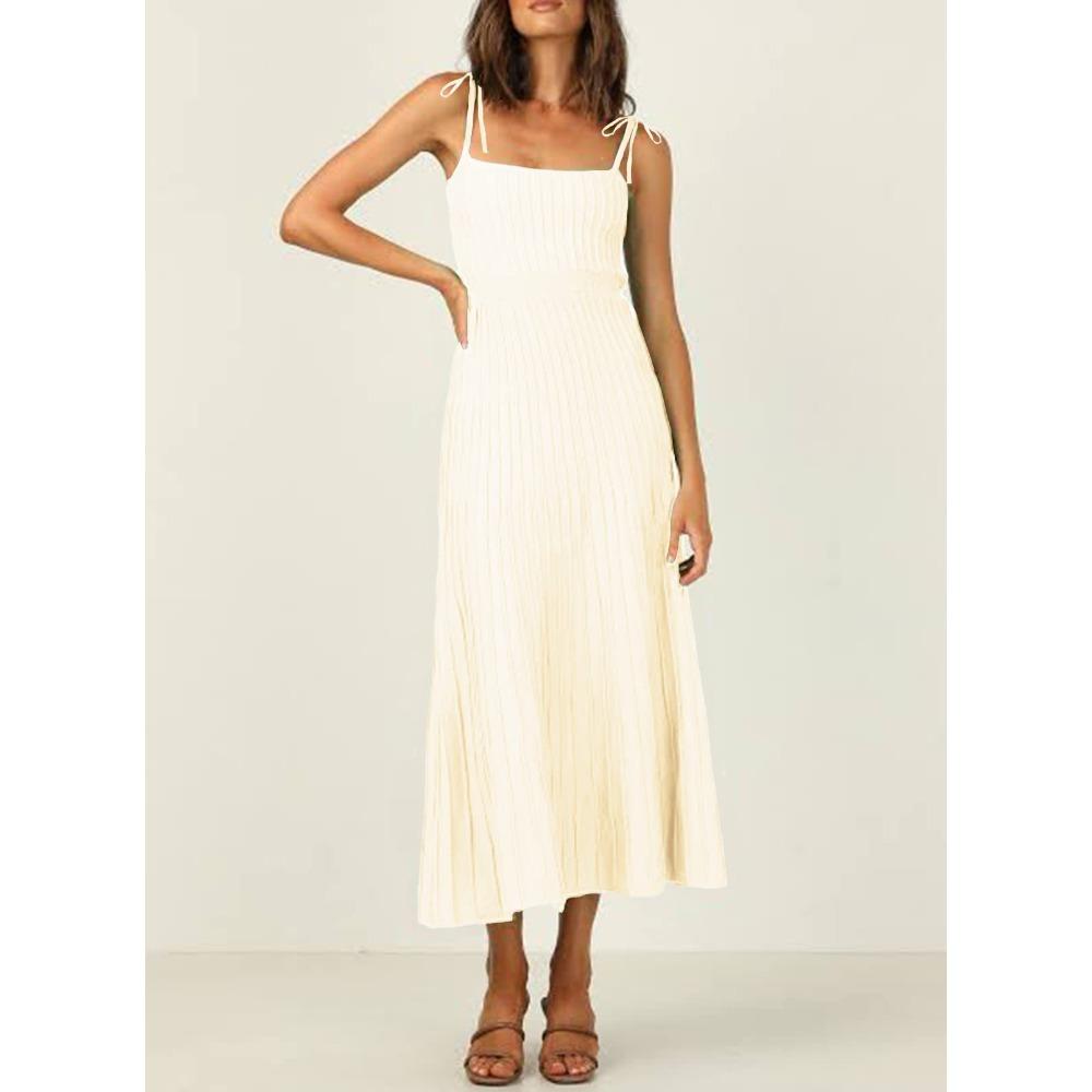 Women s Square Neck Sleeveless A-Line Midi Dress Fitted High Waist Elegant Solid Knit Slip Dress With Tie Straps S абрикосовый