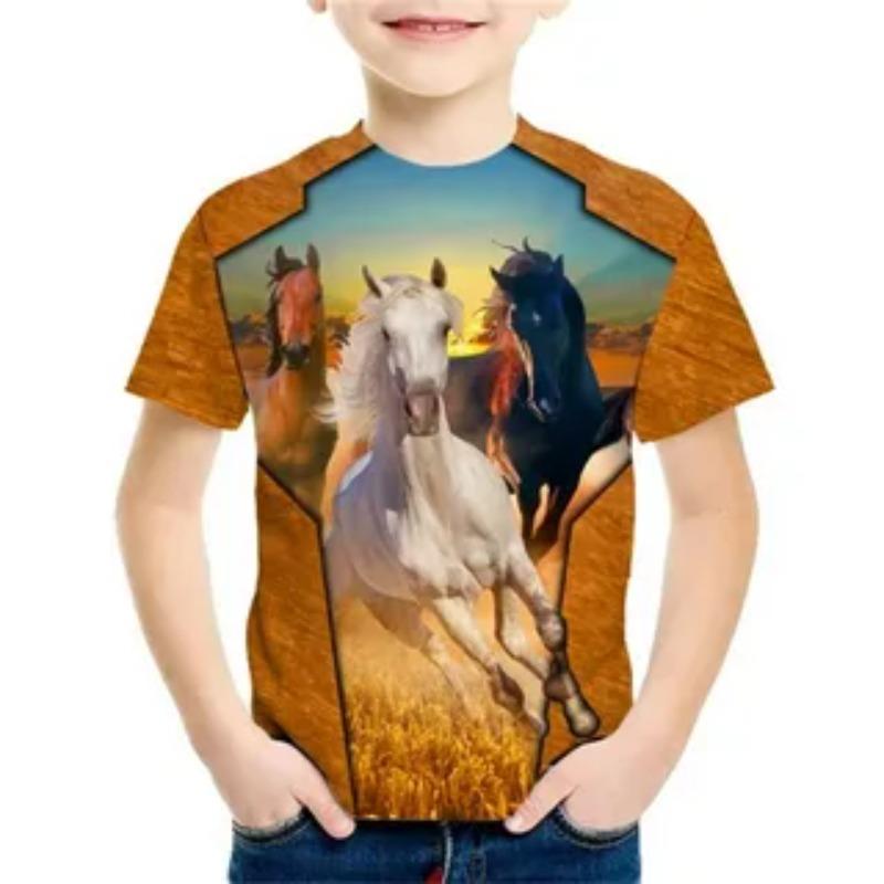 Summer Comfortable Fashionable 3D Printed Horse Pattern Round Neck Kids Clothes Fashion Casual Tops Soft Girls Creative Colorful T-Shirt