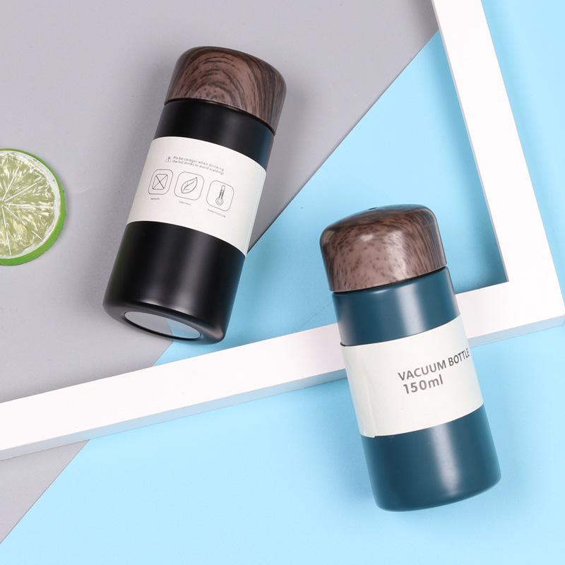 Mini Small Straight Cup Pocket Two New Lovely Ladies Cup Vacuum Vacuum Cup Wood Grain Cover Korean Version of Creative Water Cup