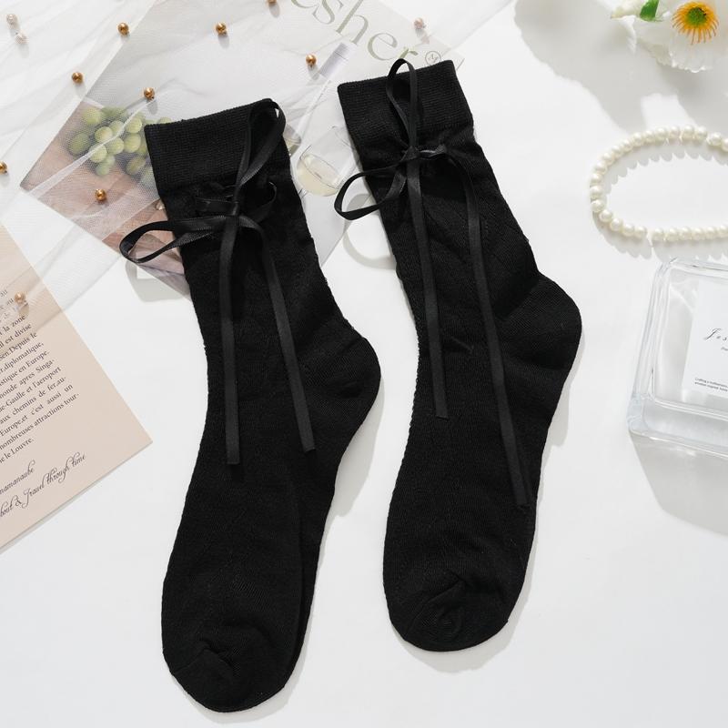 Lange Damen Socken Hohe Qualität Einfarbig Schleife Süße Socken Femme Netz Aushöhlen Niedlich JK Damen Ballett Bequeme Lockere Socken