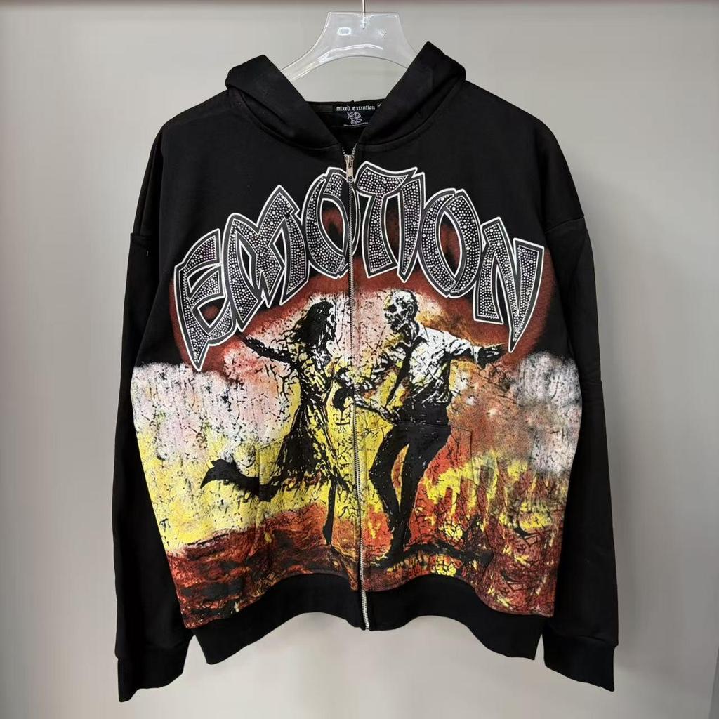 American Trendy Mixed Emotion Rhinestone Letter Hoodie for Men and Women - Retro European Style for Autumn/Winter