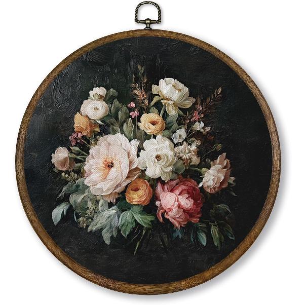 Qskjre Dark Moody Peony Floral Wall Art Decor, Vintage Cottagecore Pink Peonies Flower Round Wood Framed Canvas Wall Artwork, Shabby Chic Hanging