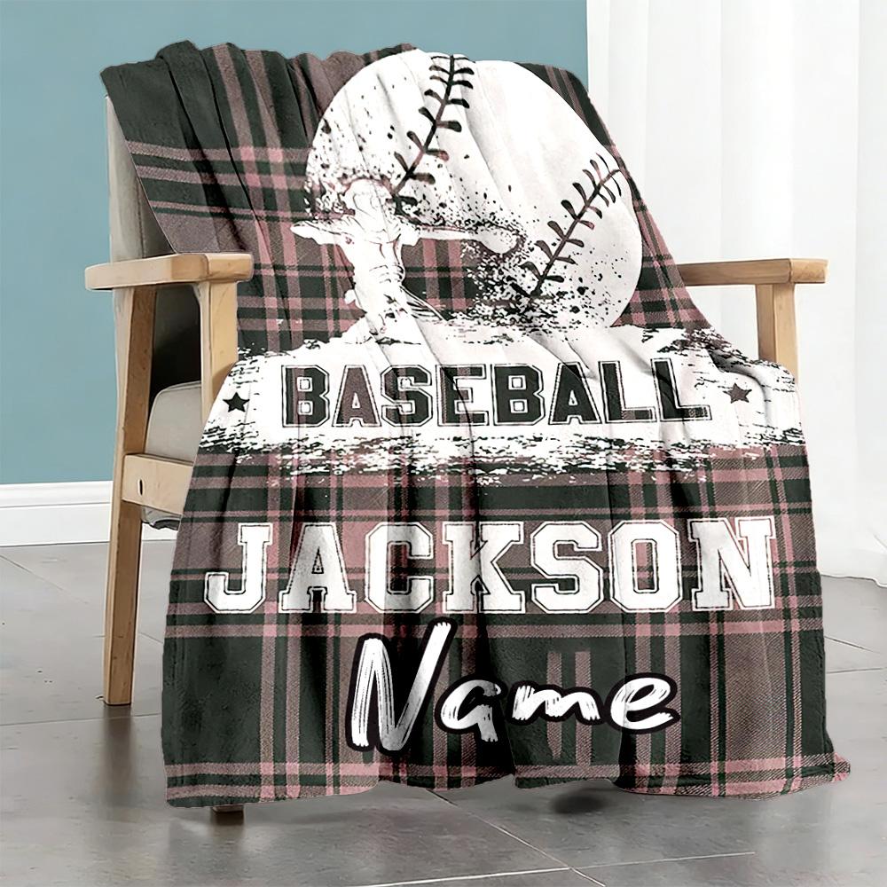 Plaid Baseball Customize Your Name Blanket Multi-purpose Personalized Blanket Warmthful Decor Versatile for Couch Nap Home Decor Chair