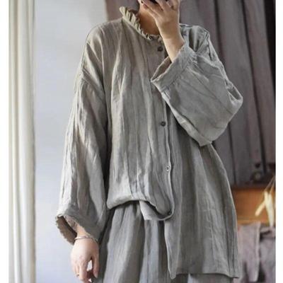 Linen Retro Irregular Vintage Style Shirt Autumn Woman Long Sleeves Casual Single Breasted Shirt