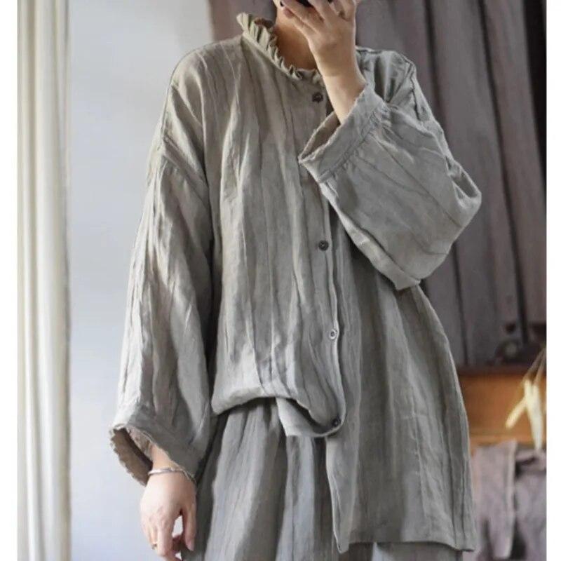 Johnature Linen Retro Irregular Vintage Style Shirt Autumn Woman Long Sleeves Casual Single Breasted Shirt